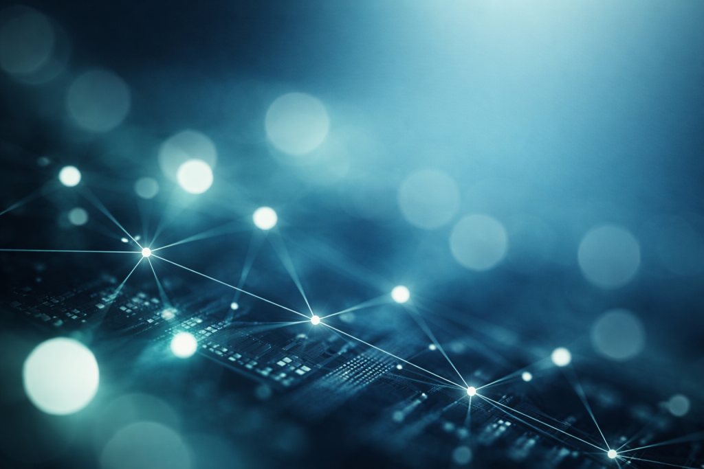 [dark] Til mission/værdier: et mere symbolsk, abstrakt tech-billede (lys, netværk, forbindelse) som visuelt kan understøtte innovation, forståelse og overblik.