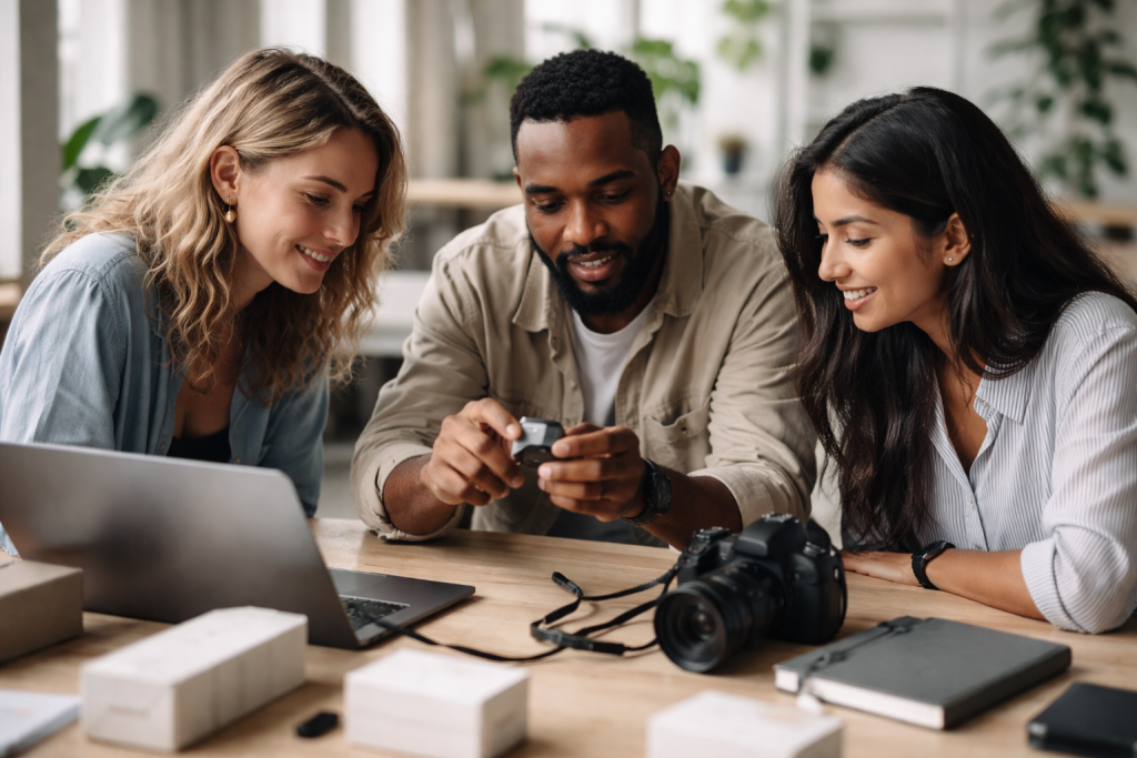 [light] Billede til ‘Om os’: et lille team i et afslappet tech-arbejdsrum, hvor de tester gadgets og diskuterer. Skal føles ægte, dansk og professionelt uden “stock-smil”.
