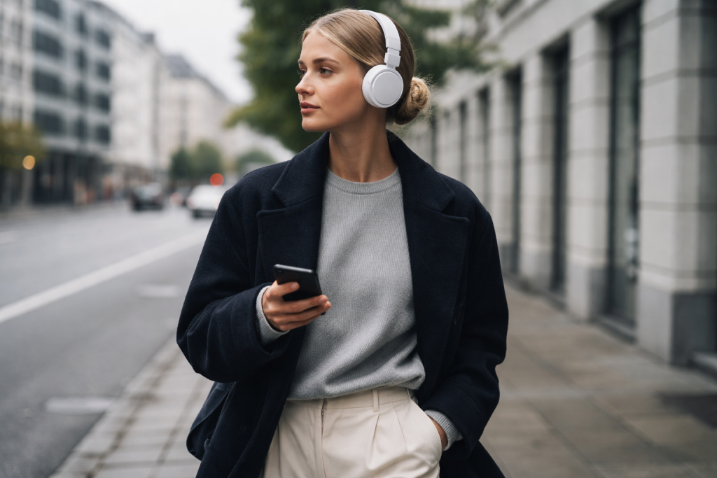 [light] Generel stemnings-/lifestyle: en person på farten i byen med høretelefoner og smartphone, nordisk street look. Understreger digital livsstil og “tech i hverdagen”.