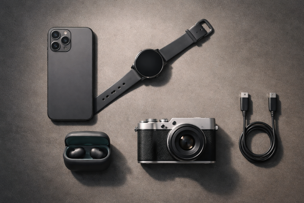 [dark] Standard blogheader: et kurateret “tech table” med flere gadgets (mobil, smartwatch, earbuds, lille kamera) i et roligt, redaktionelt look, der passer til mange emner.