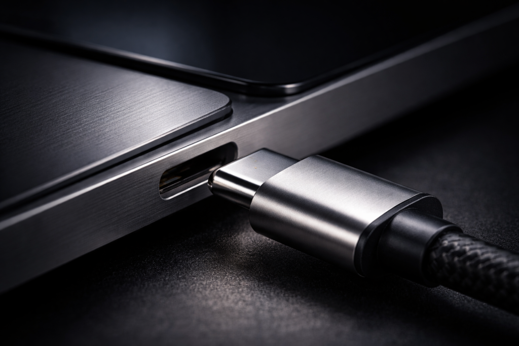 [dark] Detaljebillede til feature-sektion: makro-closeup af USB‑C stik/port og materialer (metal, glas) for at signalere kvalitet, standarder og kompatibilitet.