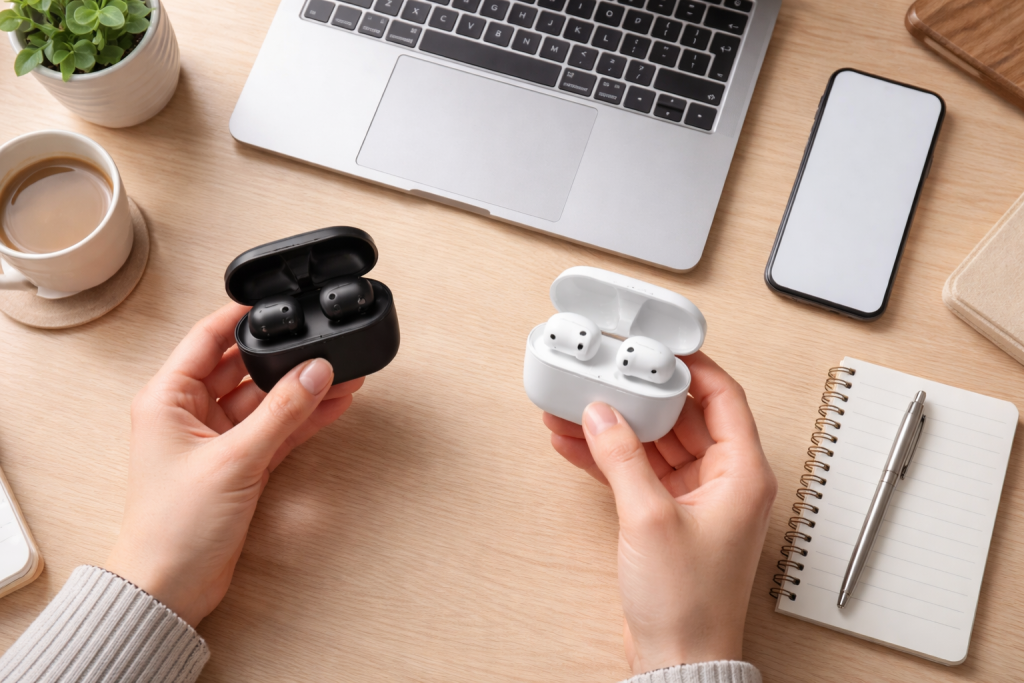 [light] Servicebillede til ‘Købsguider’: en hånd der sammenligner to produkter (fx høretelefoner) ved siden af en laptop. Understøtter beslutningshjælp og produktvalg.