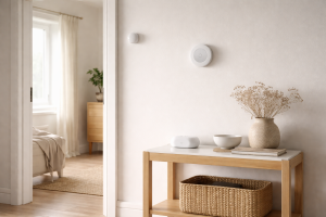 [light] Servicebillede til ‘Smart home’: et realistisk hjørne af hjemmet med smarte enheder (sensor, termostat, hub) i rolig nordisk stil.