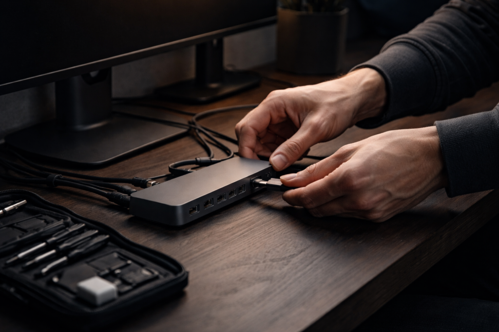 [dark] Servicebillede til ‘Fejlfinding og tips’: teknisk, men menneskeligt – en person der roligt arbejder med kabler/USB-C/adaptere ved en computer. Signal om praktiske løsninger.