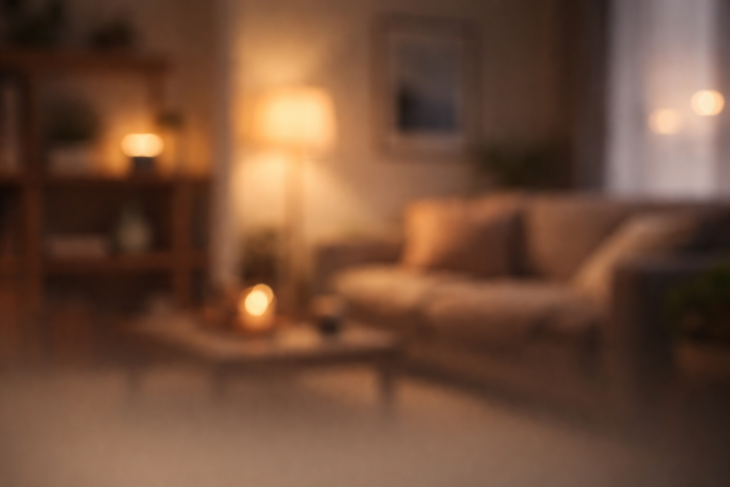 [dark] Baggrund til testimonials: en rolig, sløret scene fra et hjem med varmt lys og diskrete tech-elementer. Skal være neutral og ikke stjæle fokus fra citater.